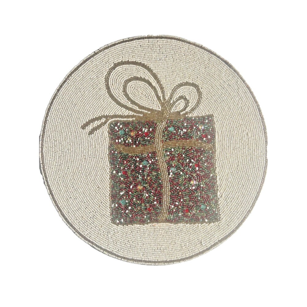 Cynthia Rowley Christmas Beaded Placemat 15” Present Charger Holiday Multicolor